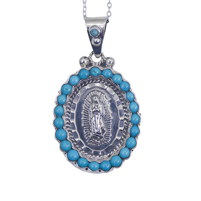 Silver Guadalupe Pendant with Turquoise Stones - Guadalupe Gifts