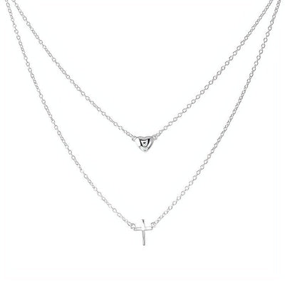 Silver Heart & Cross Double Strand Necklace - Guadalupe Gifts