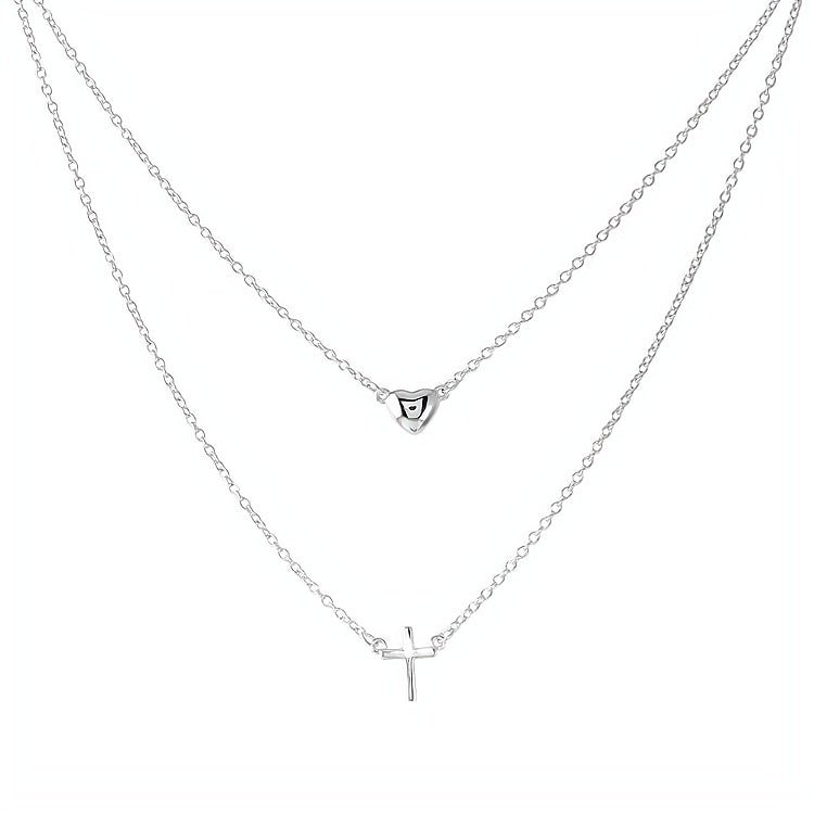 Silver Heart & Cross Double Strand Necklace - Guadalupe Gifts
