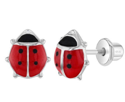 Silver Ladybug Safety Screw Back Earrings - Guadalupe Gifts