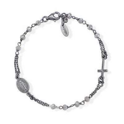 Silver Mary & Cross Bracelet w/ Smokey Crystals - Guadalupe Gifts