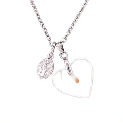 Silver Miraculous Medal & Mustard Seed Heart Necklace - Guadalupe Gifts