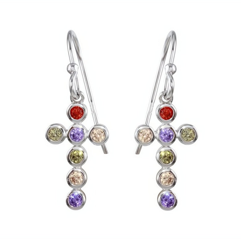 Silver Multicolor Zirconia Cross Earrings - Guadalupe Gifts