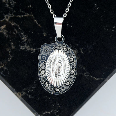 Silver Our Lady of Guadalupe Floral Medal Necklace - Guadalupe Gifts