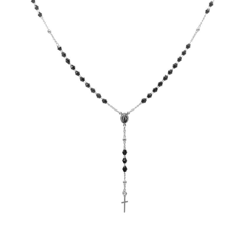 Silver-Plated Black Crystal Beads Our Lady of Grace Rosary Necklace - Guadalupe Gifts