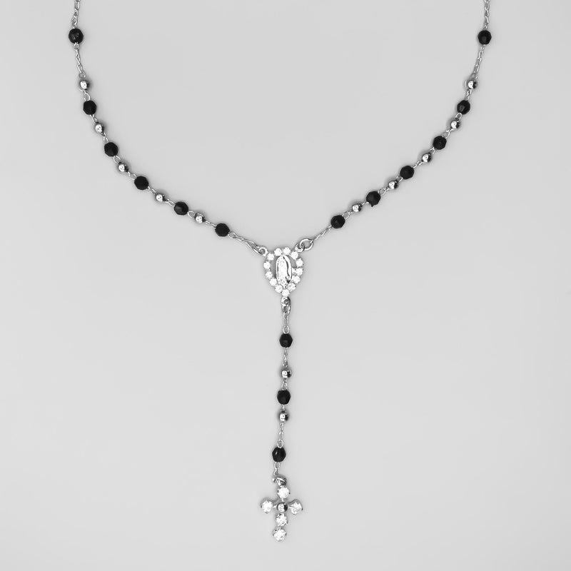 Silver-Plated Black Crystals and Rhinestones Our Lady of Guadalupe Rosary Necklace - Guadalupe Gifts