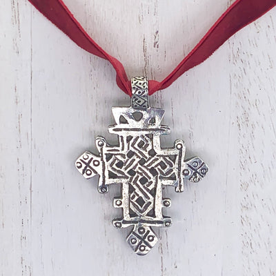 Silver-Plated Complex Cross Velvet Necklace - Guadalupe Gifts
