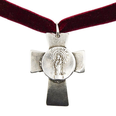Silver-Plated Mary & Christ Velvet Cross Necklace - Guadalupe Gifts