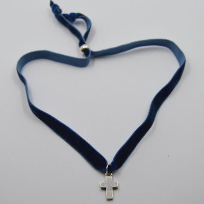 Silver-Plated Mini Cross Velvet Necklace - Guadalupe Gifts