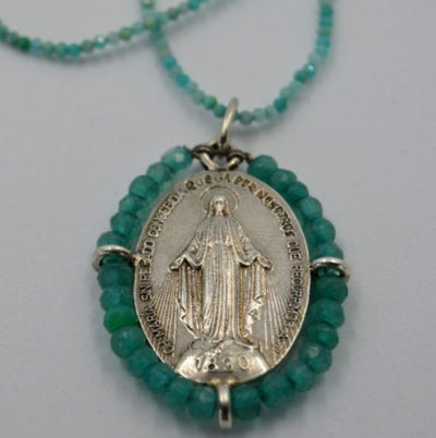 Silver-Plated Miraculous Medal Necklace w/ Agate Stones - Guadalupe Gifts