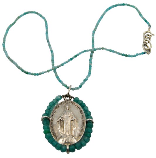 Silver-Plated Miraculous Medal Necklace w/ Agate Stones - Guadalupe Gifts