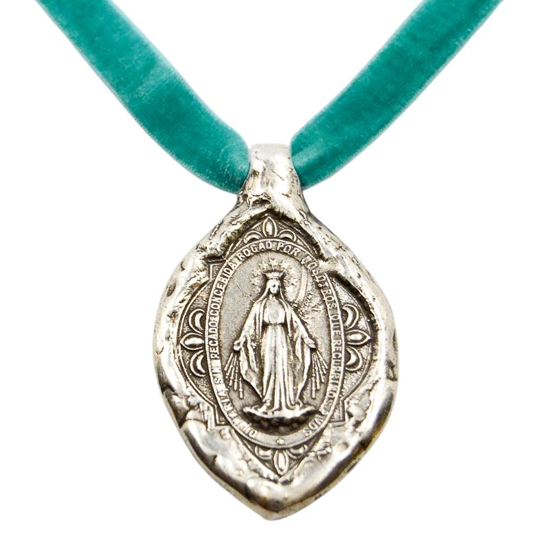 Silver-Plated Miraculous Medal Ornate Velvet Necklace - Guadalupe Gifts