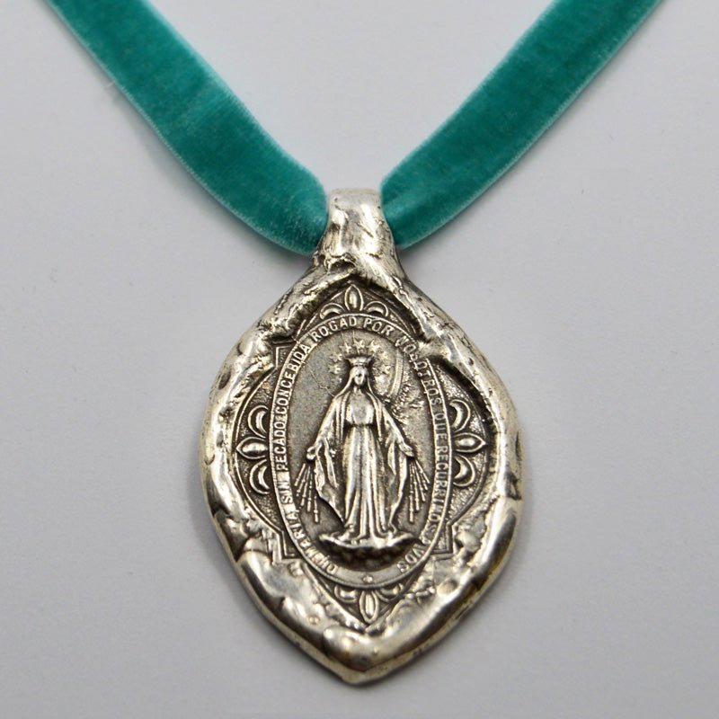 Silver-Plated Miraculous Medal Ornate Velvet Necklace - Guadalupe Gifts