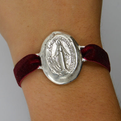 Silver-Plated Miraculous Medal Velvet Bracelet - Guadalupe Gifts