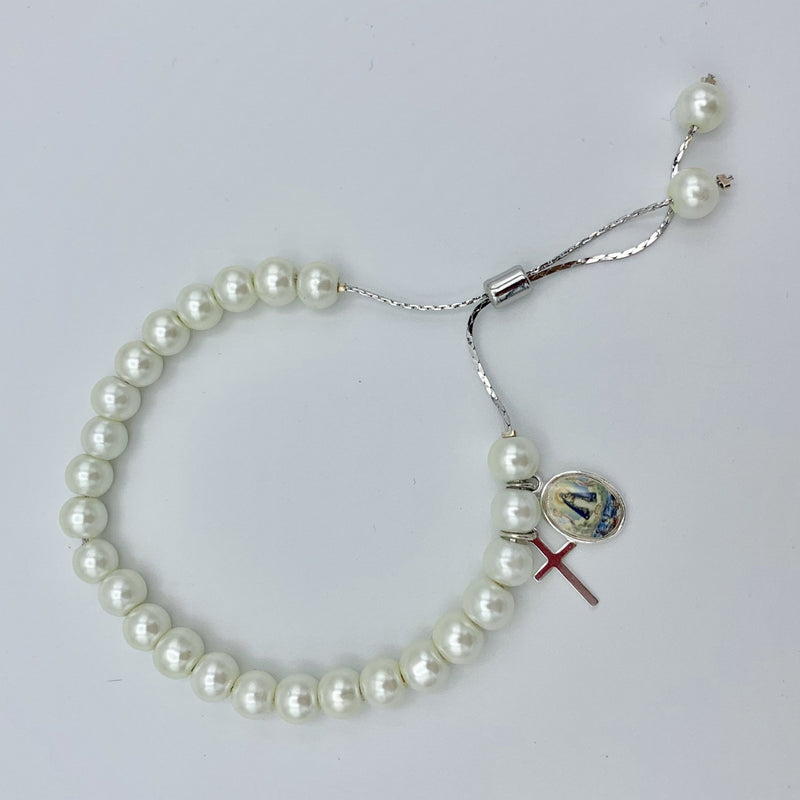 Silver-Plated Our Lady of Charity Lariat Bracelet w/ Pearls - Guadalupe Gifts