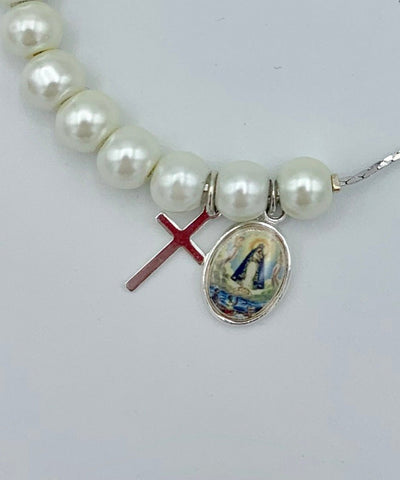 Silver-Plated Our Lady of Charity Lariat Bracelet w/ Pearls - Guadalupe Gifts