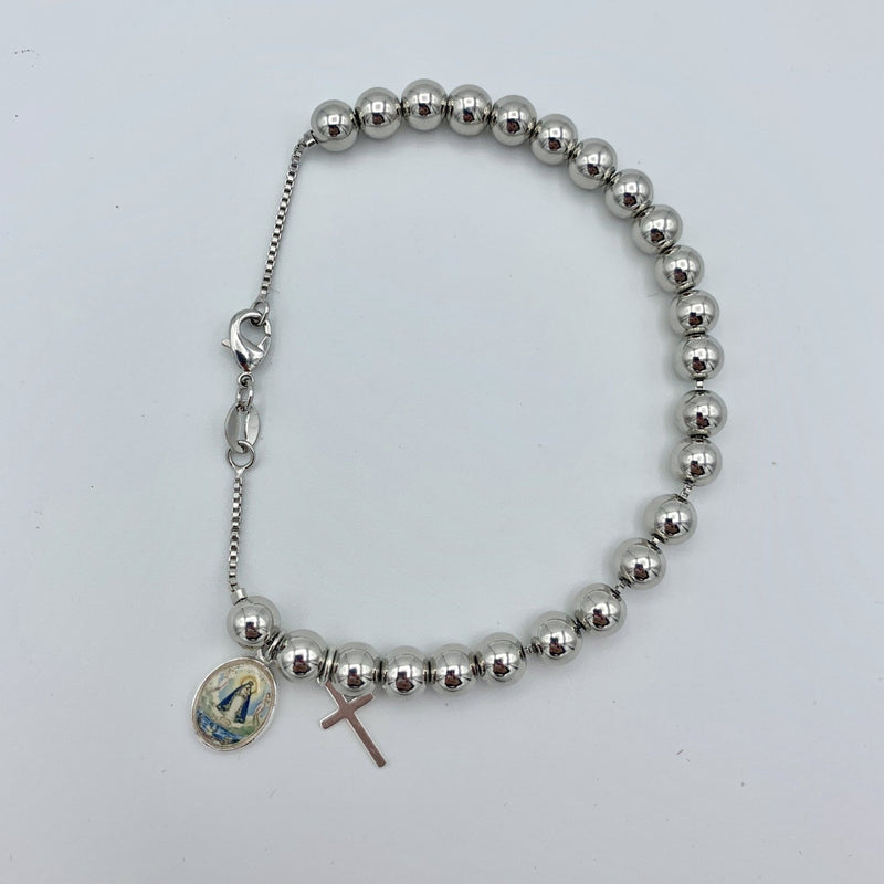 Silver-Plated Our Lady of Charity Lariat Bracelet with Cross w/ Cross Charms - Guadalupe Gifts