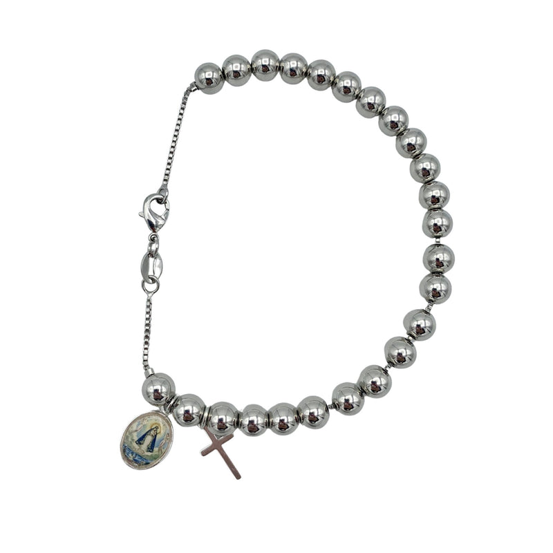 Silver-Plated Our Lady of Charity Lariat Bracelet with Cross w/ Cross Charms - Guadalupe Gifts