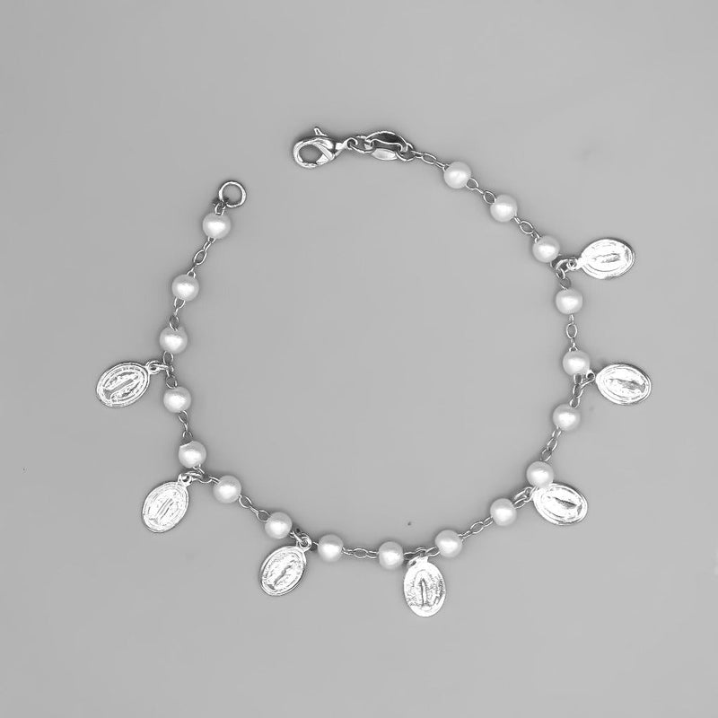 Silver-Plated Our Lady of Grace Charms Bracelet w/ Simulated Pearls - Guadalupe Gifts