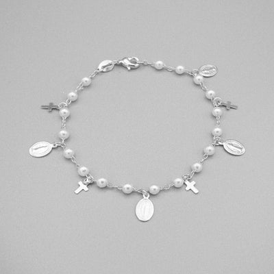Silver-Plated Our Lady of Grace & Cross Charms Bracelet w/ Simulated Pearls - Guadalupe Gifts