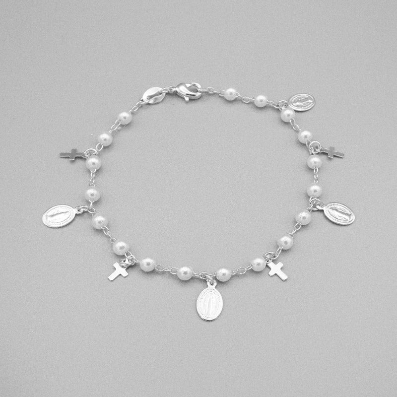 Silver-Plated Our Lady of Grace & Cross Charms Bracelet w/ Simulated Pearls - Guadalupe Gifts