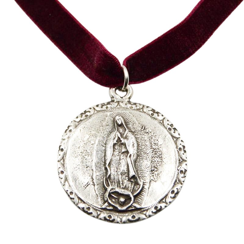 Silver-Plated Our Lady of Guadalupe and Sacred Heart Velvet Necklace - Guadalupe Gifts