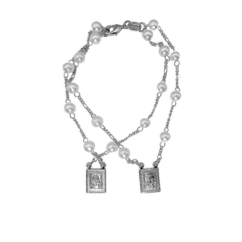 Silver-Plated Pearl Scapular Double Bracelet - Guadalupe Gifts