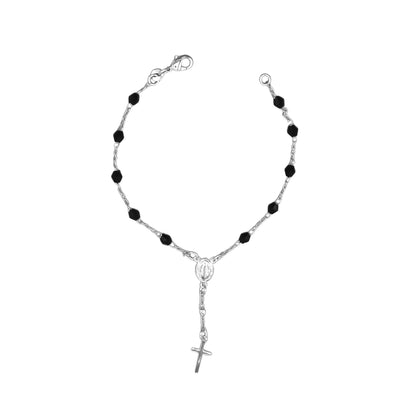 Silver-Plated Rosary Bracelet with Black Crystals and a Miraculous Medal - Guadalupe Gifts
