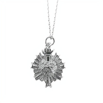 Silver-Plated Sacred Heart Pendant Necklace with White CZs - Guadalupe Gifts