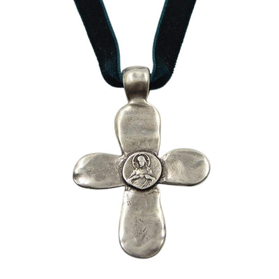 Silver-Plated Sacred Heart Velvet Cross Necklace - Guadalupe Gifts