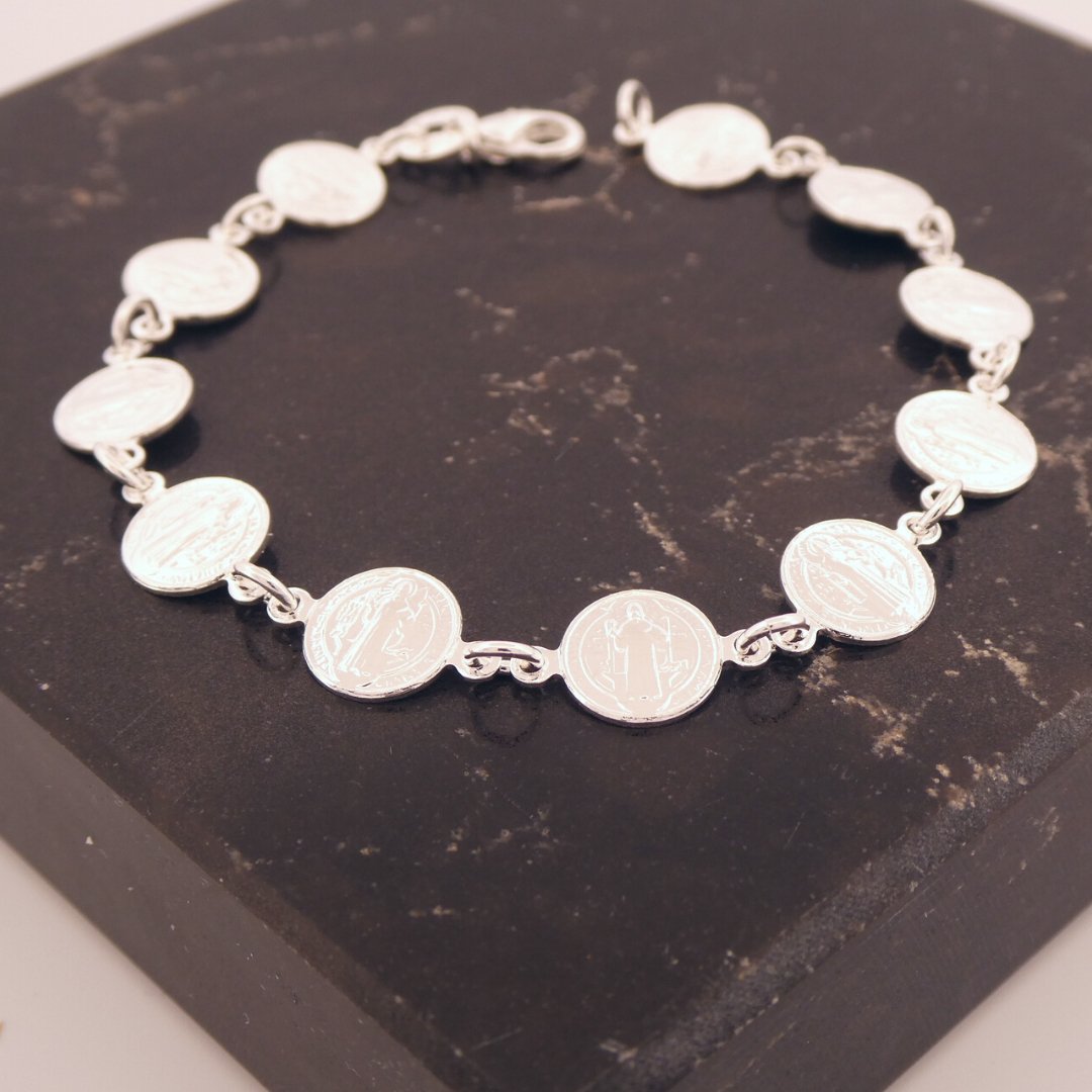 pulsera de plata de san benito | Silver-Plated St Benedict Coins