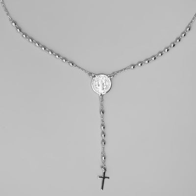 Silver-Plated St Benedict Medal Rosary Necklace - Guadalupe Gifts