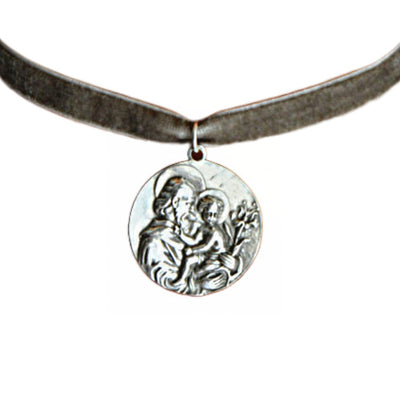 Silver-Plated St Joseph & Baby Jesus Medal Velvet Necklace - Guadalupe Gifts