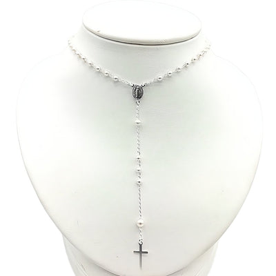Silver-Plated Tiny Beads Pearl Our Lady of Grace Rosary Necklace - Guadalupe Gifts