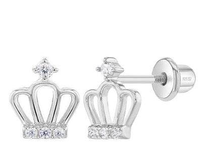 Silver Princess Crown Screw Back Earrings w/ Zirconias - Guadalupe Gifts