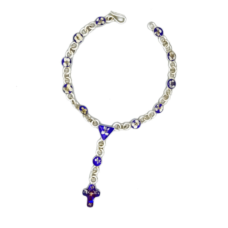 Silver Rosary Blue Bracelet w/ Pressed Flowers - Guadalupe Gifts