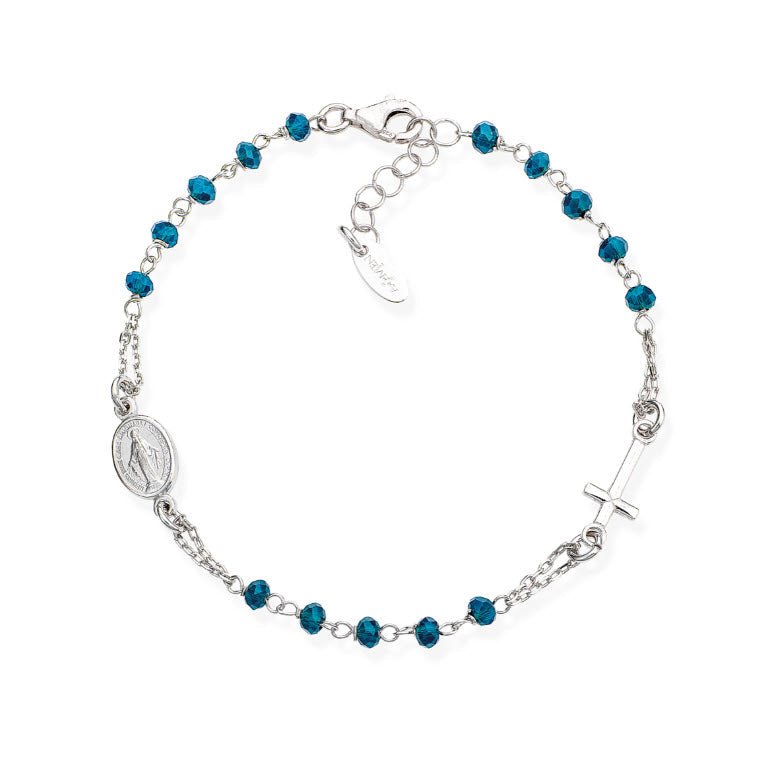 Silver Rosary Bracelet w/ Cyan Crystals - Guadalupe Gifts