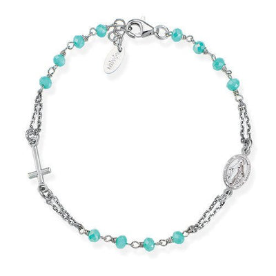 Silver Rosary Bracelet w/ Turquoise Crystals - Guadalupe Gifts