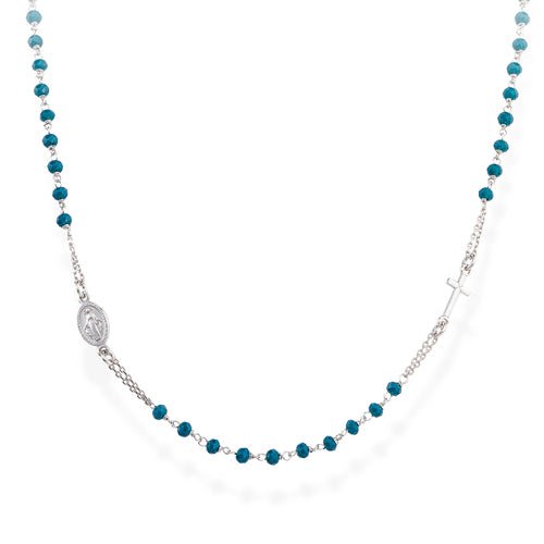 Silver Rosary Choker w/ Ocean Blue Crystals - Guadalupe Gifts