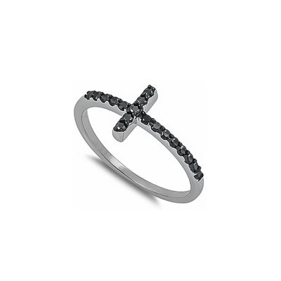 Silver Sideways Black Cz Cross (Black) Ring - Guadalupe Gifts