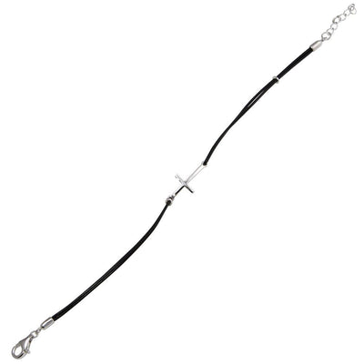 Silver Sideways-Cross Black Leather Cord Bracelet - Guadalupe Gifts