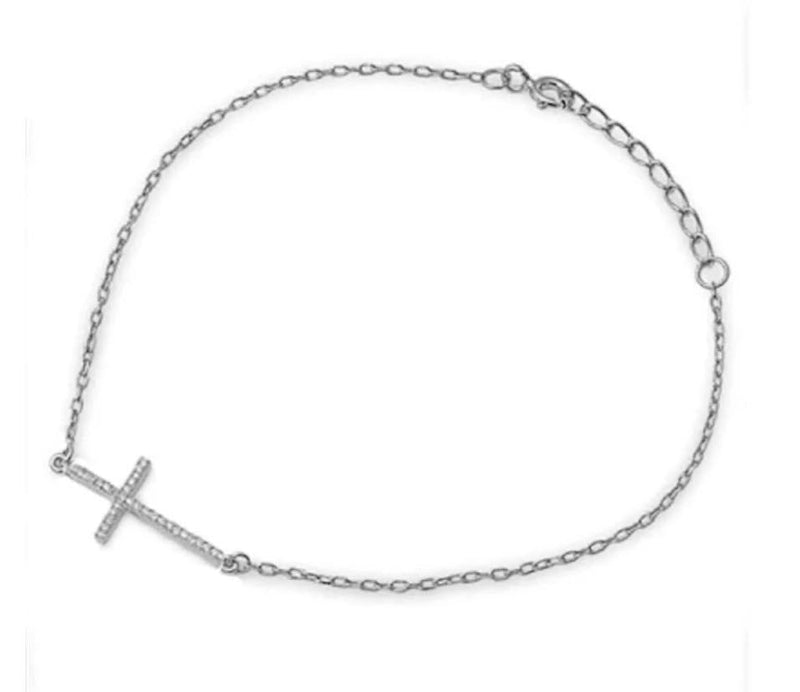 Silver Sideways Cross Bracelet w/ Cubic Zirconias - Guadalupe Gifts