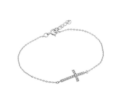 Silver Sideways Cross Bracelet w/ Cubic Zirconias - Guadalupe Gifts