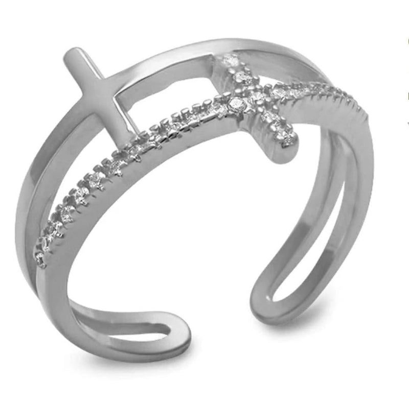 Silver Sideways Cross Ring w/ Zirconias - Guadalupe Gifts