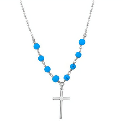 Silver Small Cross Necklace w/ Turquoise Beads - Guadalupe Gifts