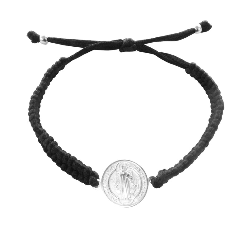 Silver St. Benedict Medal Black Woven Bracelet - Guadalupe Gifts