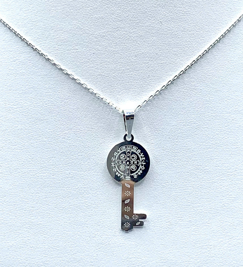 Silver St Benedict Medal Key Grand Medal Necklace - Guadalupe Gifts