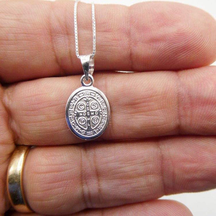 Silver St Benedict Medal Oval Necklace - Guadalupe Gifts