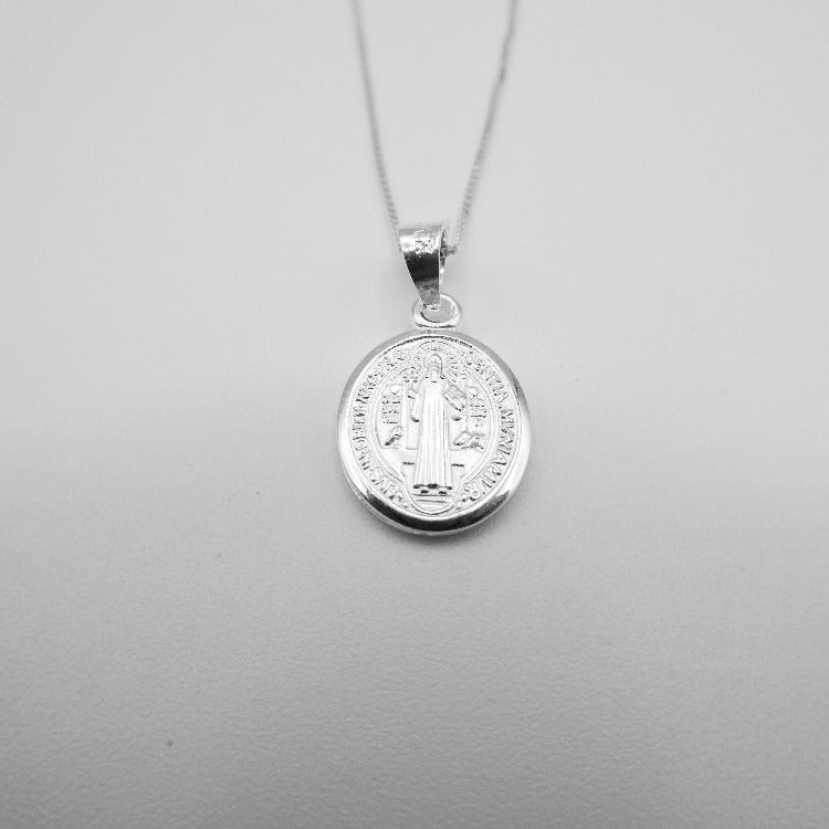 Silver St Benedict Medal Oval Necklace - Guadalupe Gifts