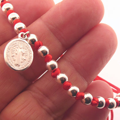 Silver St Benedict Medal Red String Bracelet - Guadalupe Gifts